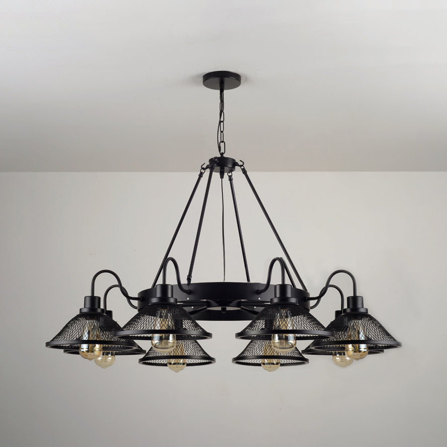 6/8-Light Flared Chandelier Lighting with Wire Mesh Shade Industrial Black Metal Down/Up Ceiling Light for Restaurant