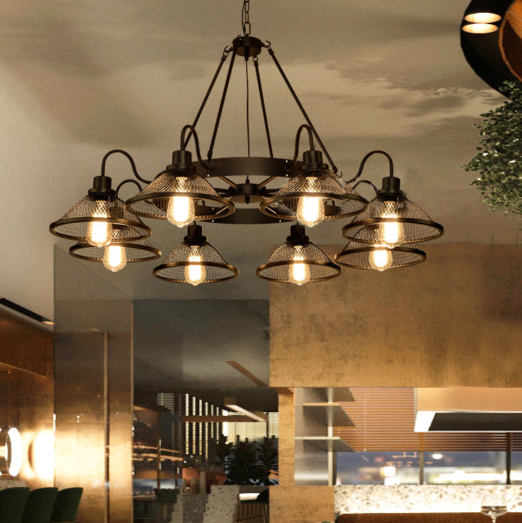 6/8-Light Flared Chandelier Lighting with Wire Mesh Shade Industrial Black Metal Down/Up Ceiling Light for Restaurant