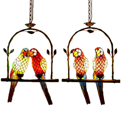 Papegaai roestvrije glazen hanglamp Tiffany Stijlvolle 2 lichten rood/rood en geel hangend plafondlicht met baarszwaai