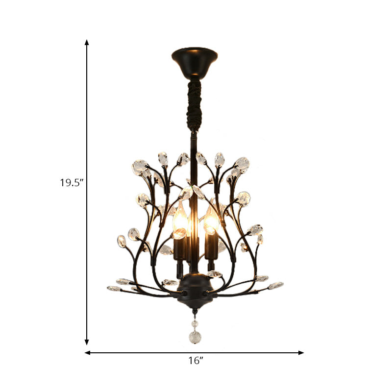 Black/Gold Branch Chandelier Light Modernism Crystal 3 Bulbs Hanging Lamp for Dining Room