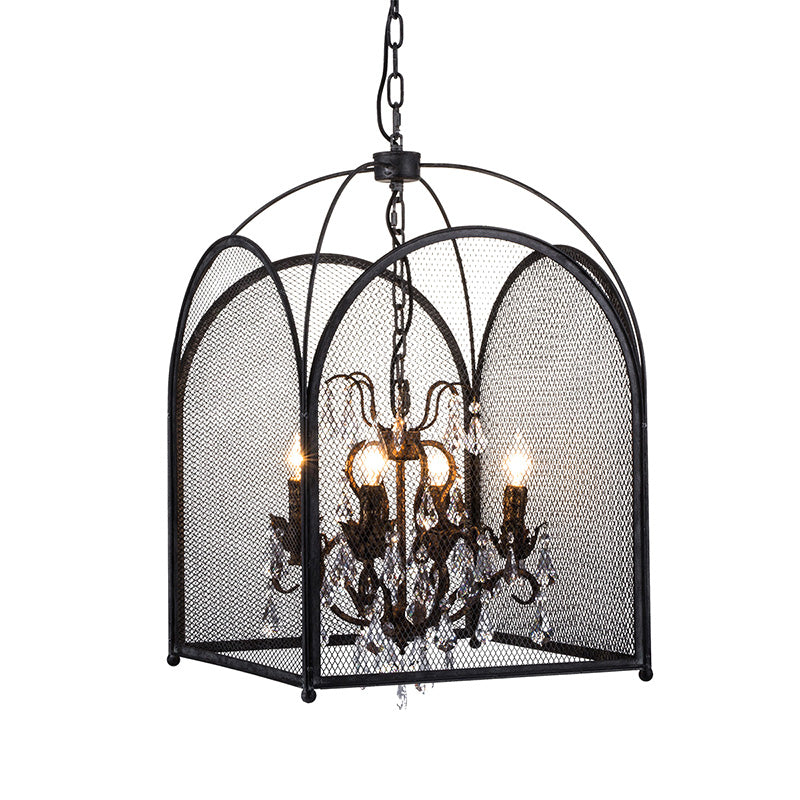 Mesh Cage Chandelier Lamp Modernism Crystal 4 Heads Hanging Light Kit in Black for Living Room