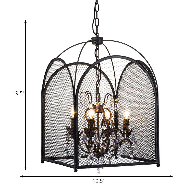 Mesh Cage Chandelier Lamp Modernism Crystal 4 Heads Hanging Light Kit in Black for Living Room