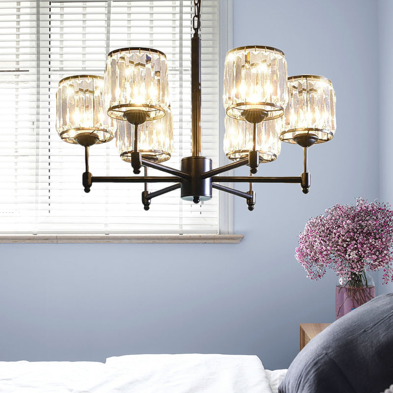 3/6/8 Lights Radial Pendant Chandelier Contemporary Crystal Hanging Light in Black for Bedroom