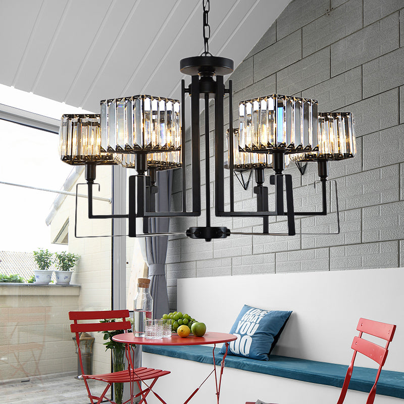 Black Square Pendant Chandelier Retro Crystal 3/6 Bulbs Hanging Pendant Light