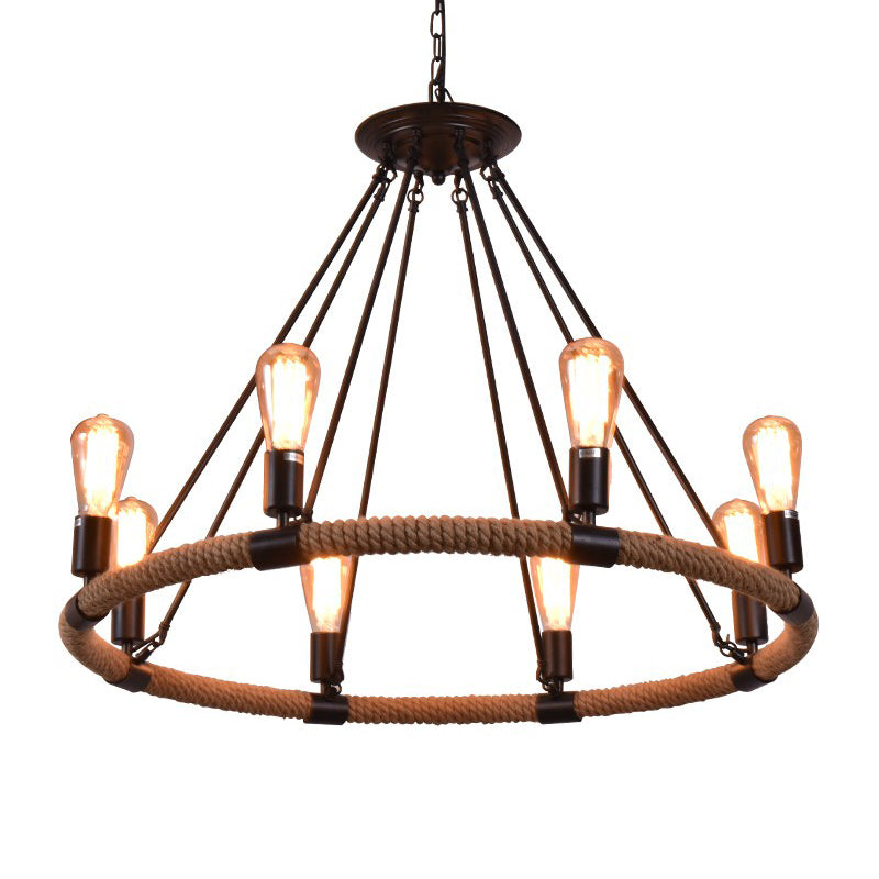 Wrapped Ring Hemp Rope Chandelier Pendant Light Vintage Restaurant Hanging Light in Flaxen