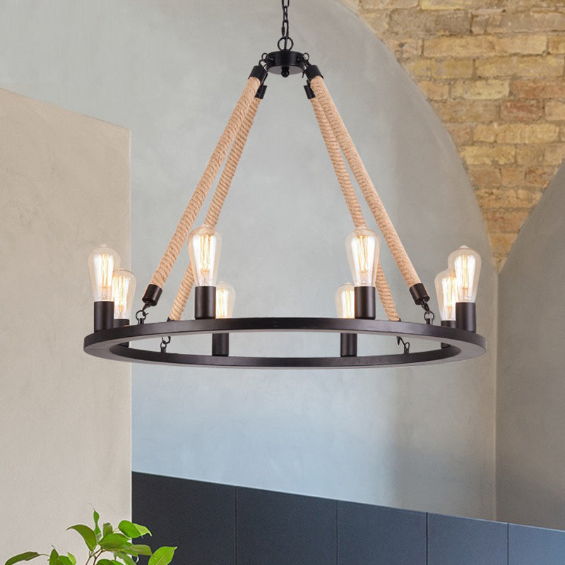 Iron Ring Chandelier Light Antique Restaurant Pendant Light Fixture with Hemp Rope in Matte Black