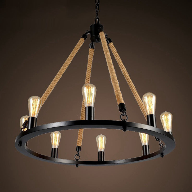 Iron Ring Chandelier Light Antique Restaurant Pendant Light Fixture with Hemp Rope in Matte Black