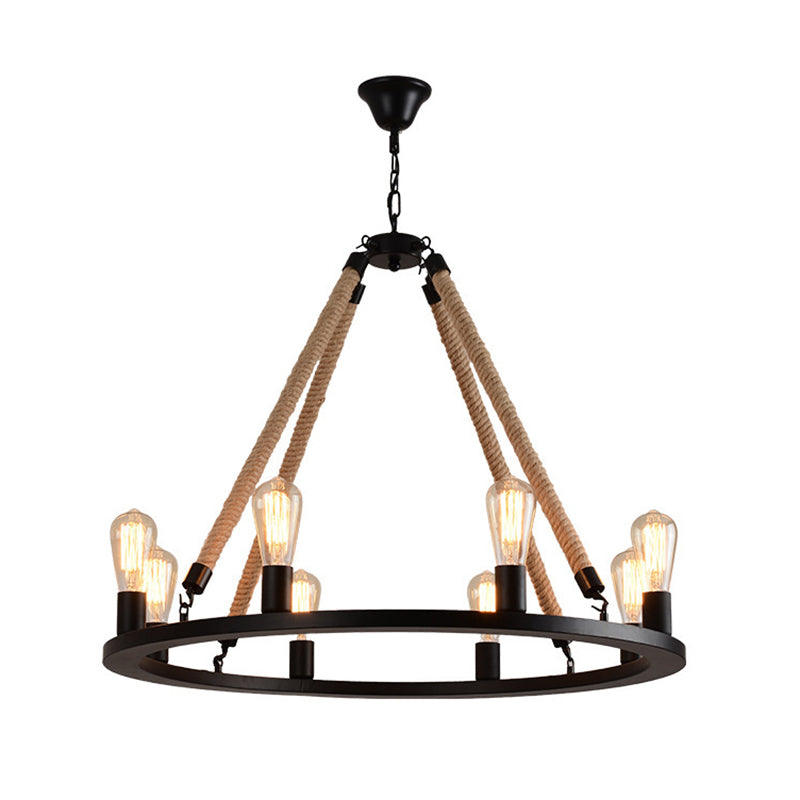 Iron Ring Chandelier Light Antique Restaurant Pendant Light Fixture with Hemp Rope in Matte Black