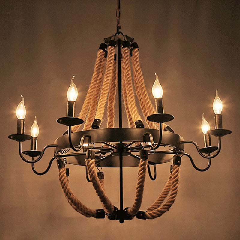 Flaxen Candlestick Chandelier Lighting Rustic Iron Living Room Pendant Light with Hemp Rope