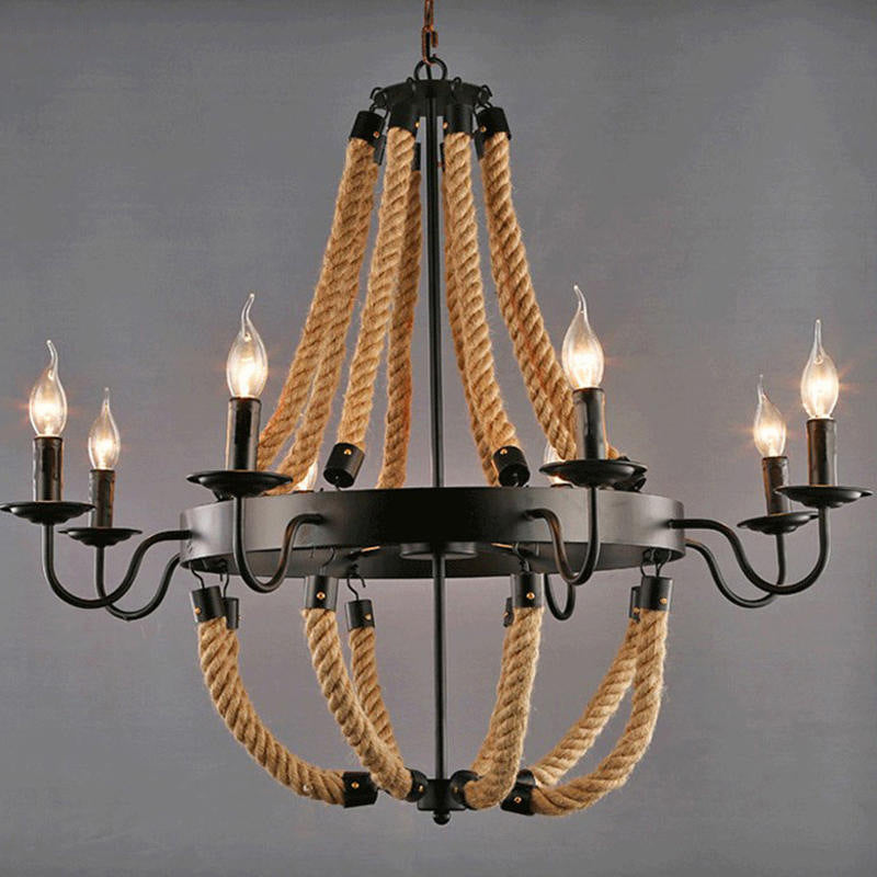 Flaxen Candlestick Chandelier Lighting Rustic Iron Living Room Pendant Light with Hemp Rope