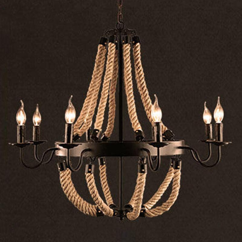 Flaxen Candlestick Chandelier Lighting Rustic Iron Living Room Pendant Light with Hemp Rope