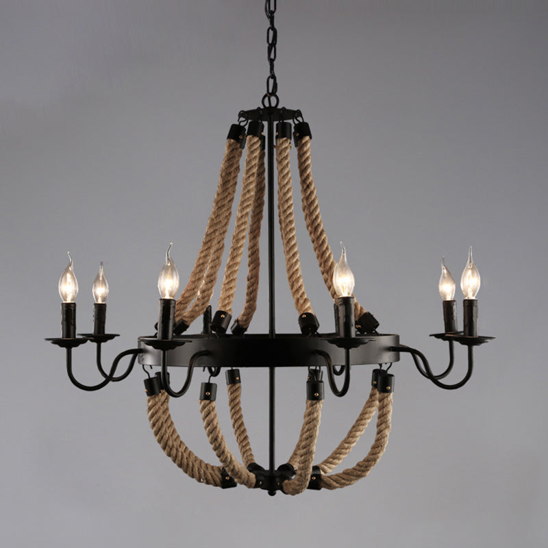 Circle Iron Ceiling Lighting Industrial Restaurant Chandelier Light Fixture with Hemp Rope in Black