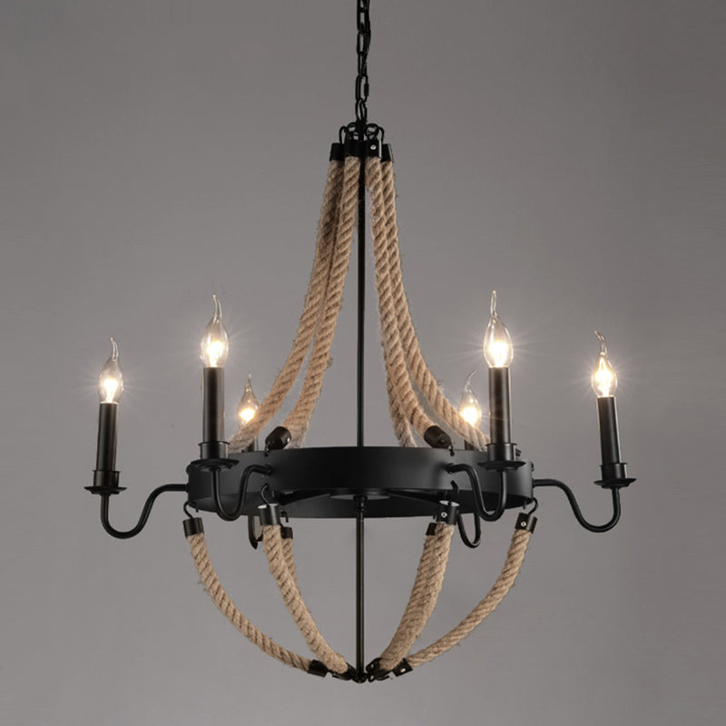 Circle Iron Ceiling Lighting Industrial Restaurant Chandelier Light Fixture with Hemp Rope in Black