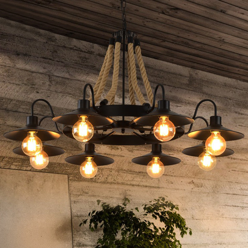 Circle Iron Ceiling Lighting Industrial Restaurant Chandelier Light Fixture with Hemp Rope in Black