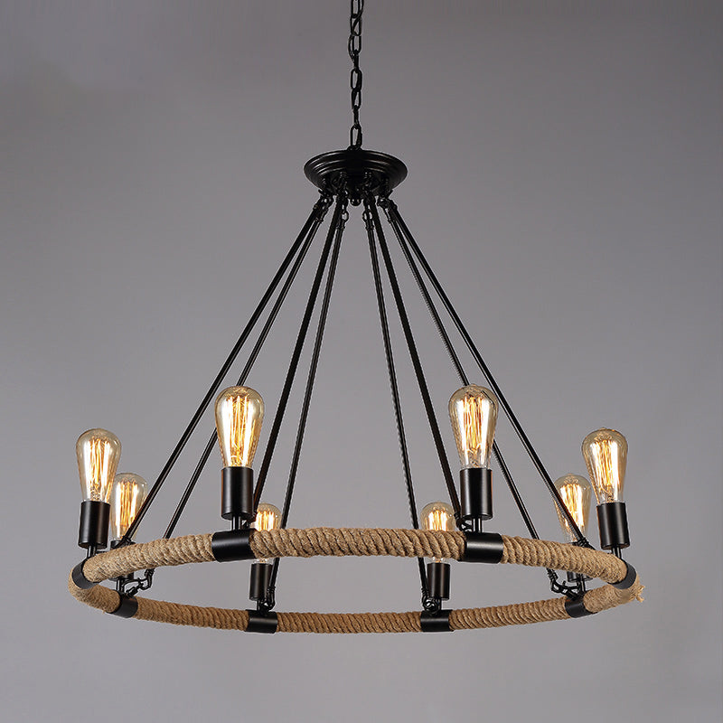 Circle Iron Ceiling Lighting Industrial Restaurant Chandelier Light Fixture with Hemp Rope in Black