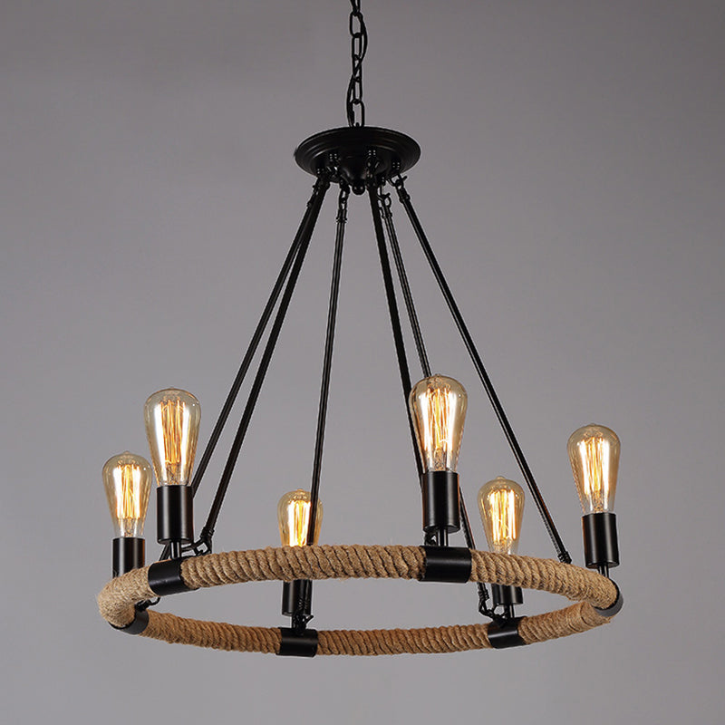 Circle Iron Ceiling Lighting Industrial Restaurant Chandelier Light Fixture with Hemp Rope in Black