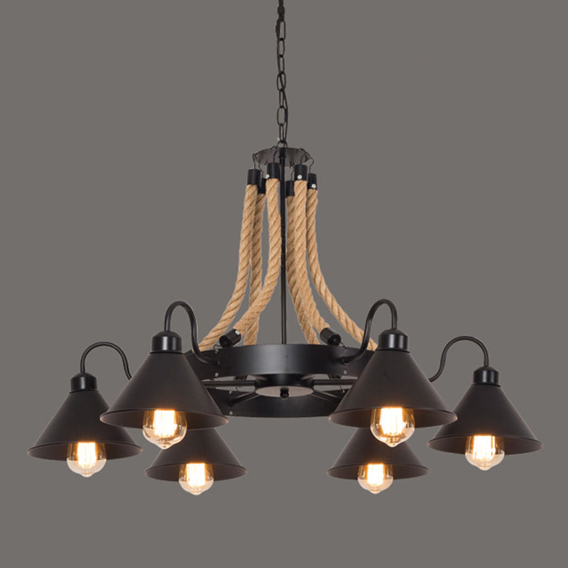 Circle Iron Ceiling Lighting Industrial Restaurant Chandelier Light Fixture with Hemp Rope in Black