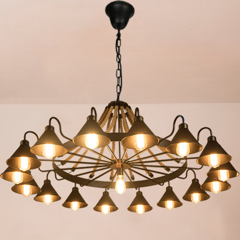 Black Conical Shade Chandelier Lighting Antique Style Iron Restaurant Pendant Light Fixture with Hemp Rope