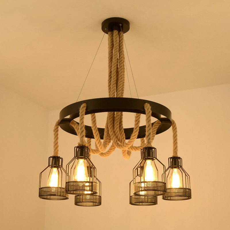 Iron Caged Chandelier Pendant Light Industrial Restaurant Hanging Light with Hemp Rope in Black