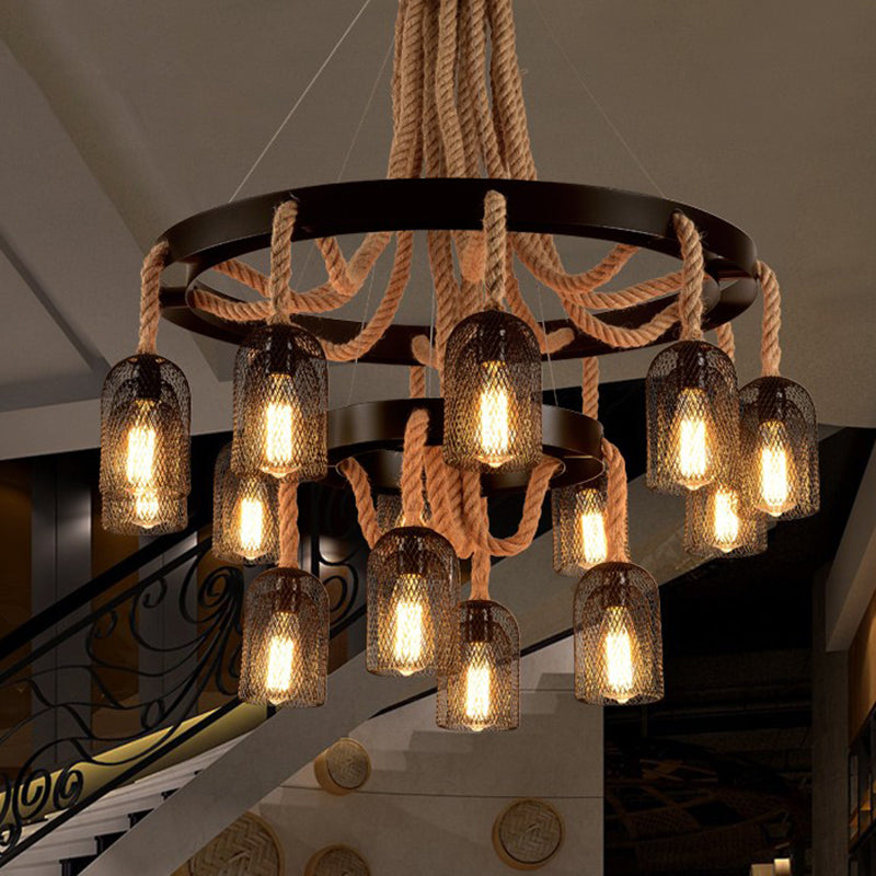 Cylinder Iron Chandelier Light Vintage Restaurant Pendant Light Fixture with Dangling Rope in Black