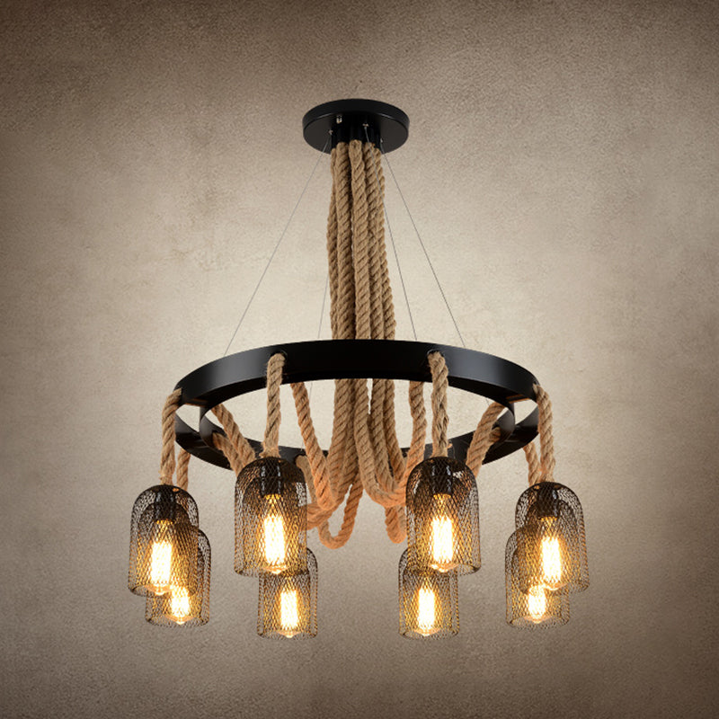 Cylinder Iron Chandelier Light Vintage Restaurant Pendant Light Fixture with Dangling Rope in Black