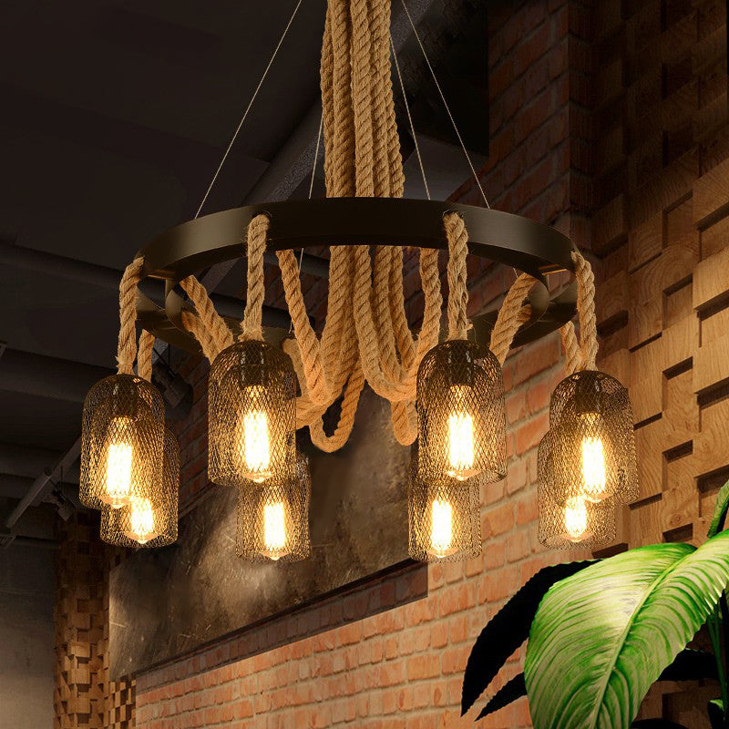 Cylinder Iron Chandelier Light Vintage Restaurant Pendant Light Fixture with Dangling Rope in Black