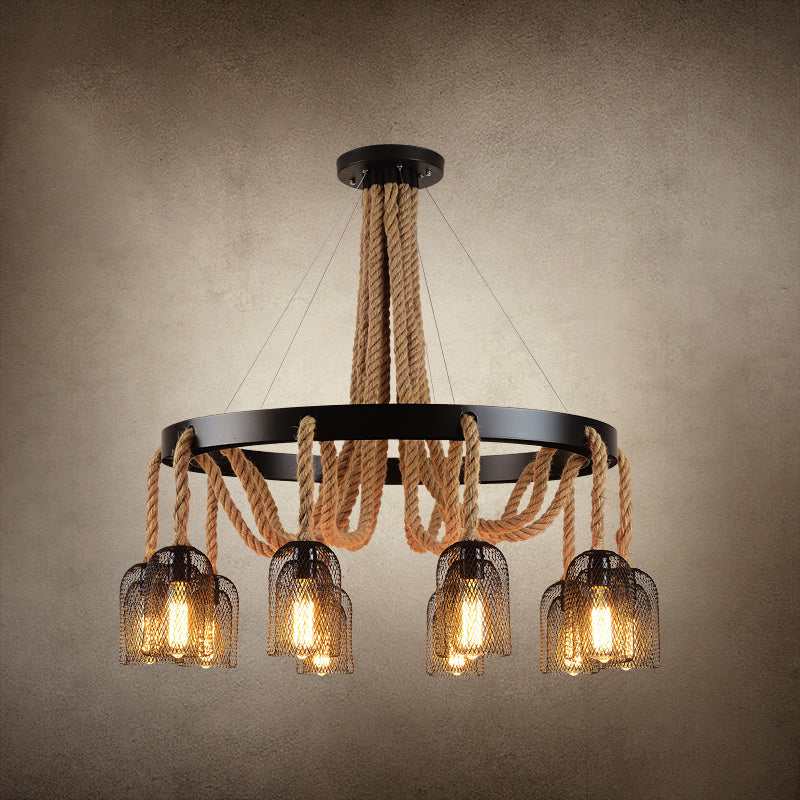 Cylinder Iron Chandelier Light Vintage Restaurant Pendant Light Fixture with Dangling Rope in Black