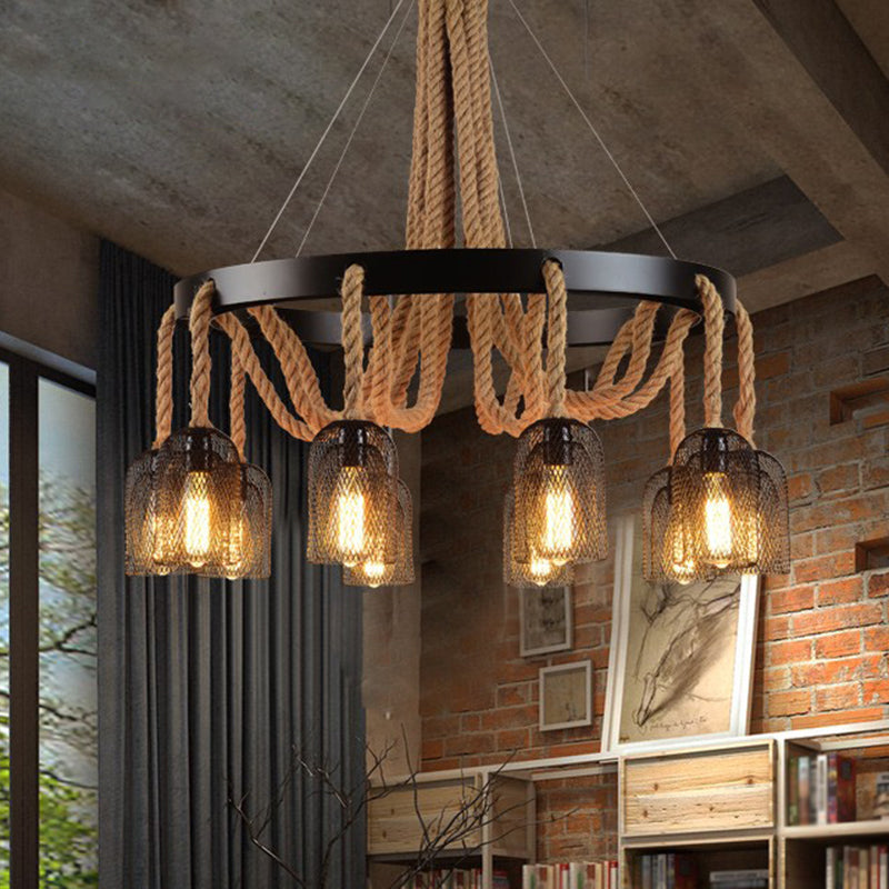 Cylinder Iron Chandelier Light Vintage Restaurant Pendant Light Fixture with Dangling Rope in Black