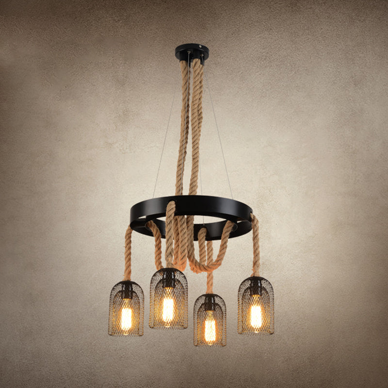 Cylinder Iron Chandelier Light Vintage Restaurant Pendant Light Fixture with Dangling Rope in Black