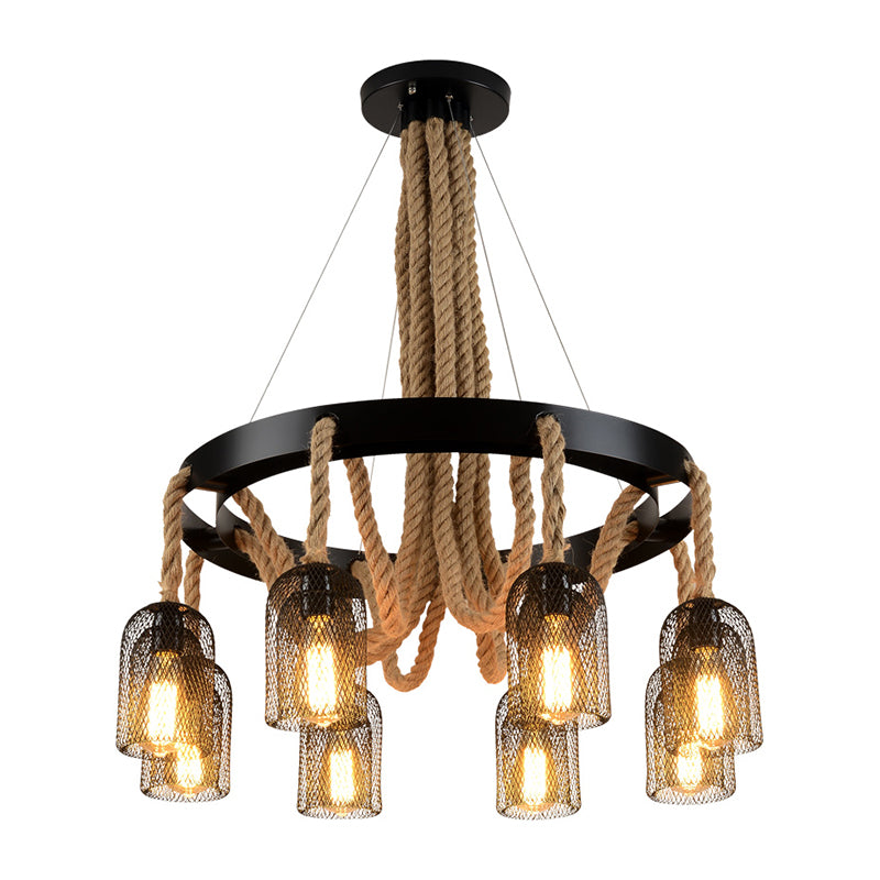 Cylinder Iron Chandelier Light Vintage Restaurant Pendant Light Fixture with Dangling Rope in Black