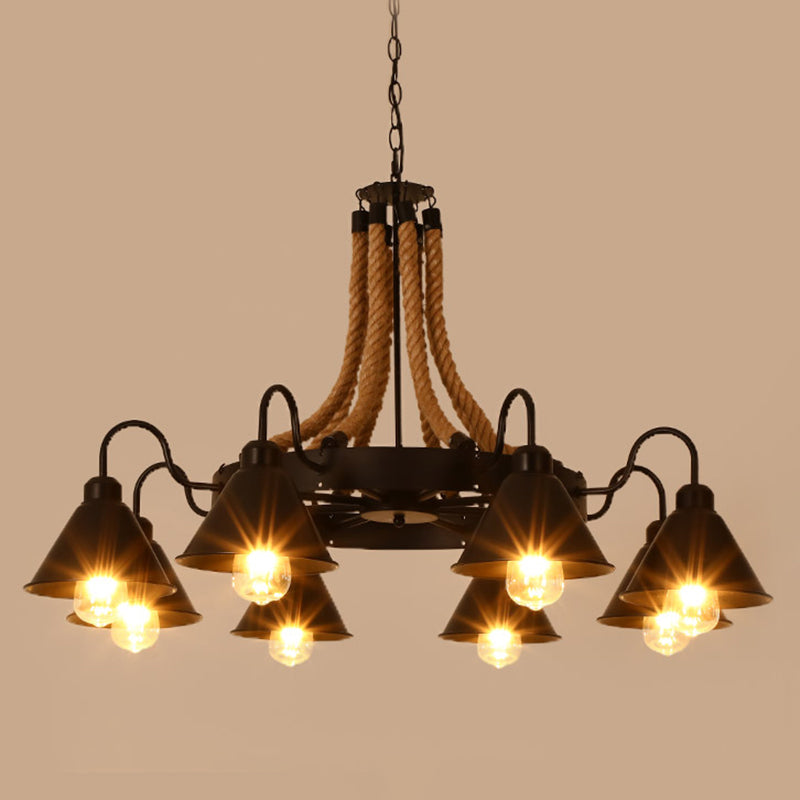 Black Dangling Suspension Light Rustic Style Hemp Rope Restaurant Chandelier Light