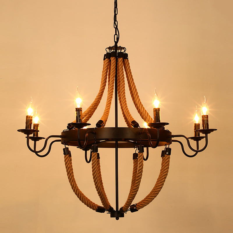 Black Dangling Suspension Light Rustic Style Hemp Rope Restaurant Chandelier Light