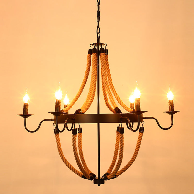 Black Dangling Suspension Light Rustic Style Hemp Rope Restaurant Chandelier Light