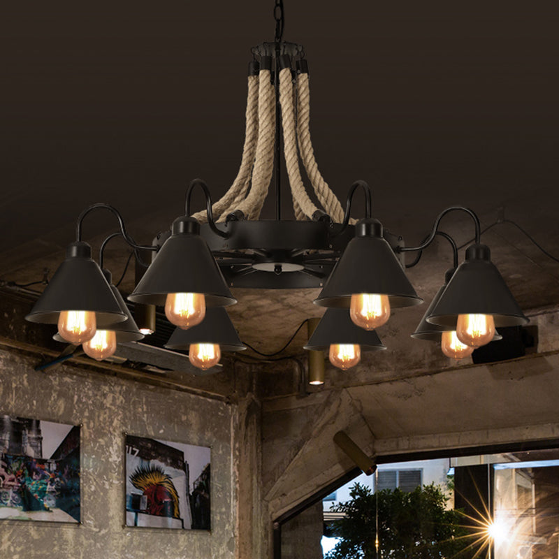 Black Dangling Suspension Light Rustic Style Hemp Rope Restaurant Chandelier Light