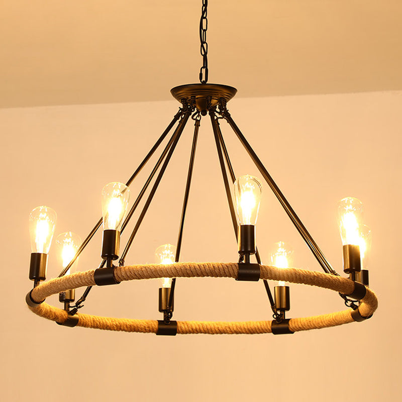 Black Dangling Suspension Light Rustic Style Hemp Rope Restaurant Chandelier Light