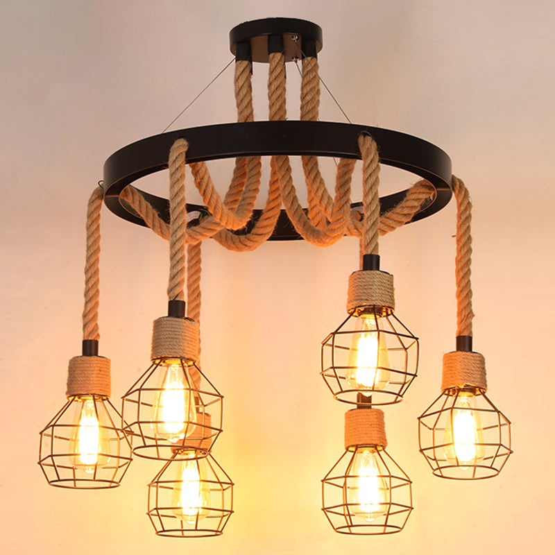 Black Dangling Suspension Light Rustic Style Hemp Rope Restaurant Chandelier Light