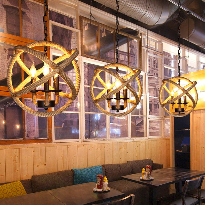 Flaxen Caged Ceiling Light Industrial Hemp Rope Single Restaurant Hanging Pendant Light