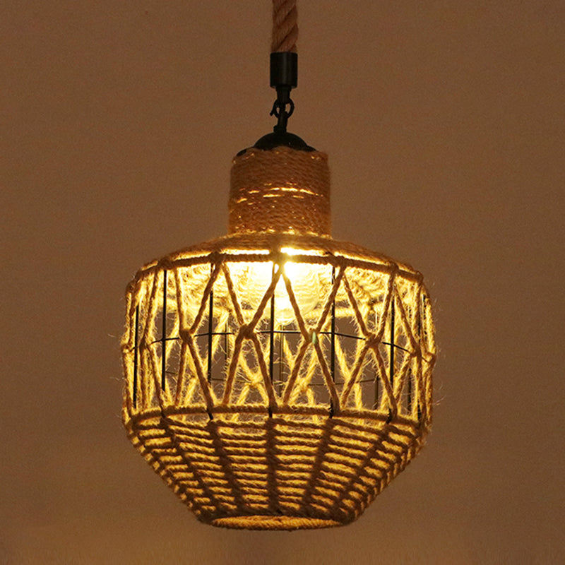 Flaxen Caged Ceiling Light Industrial Hemp Rope Single Restaurant Hanging Pendant Light