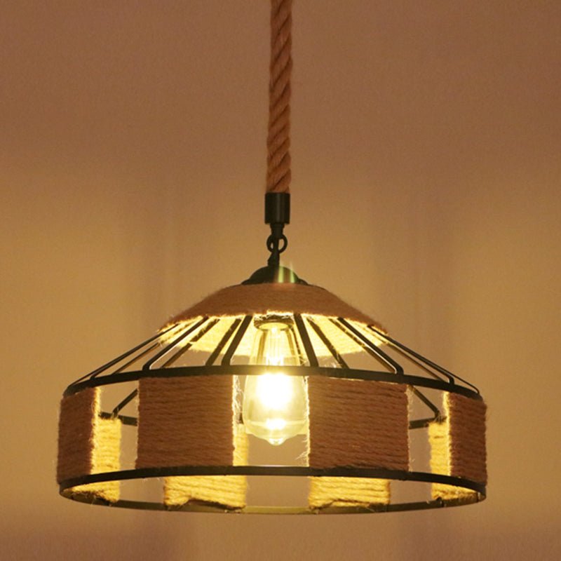 Flaxen Caged Ceiling Light Industrial Hemp Rope Single Restaurant Hanging Pendant Light