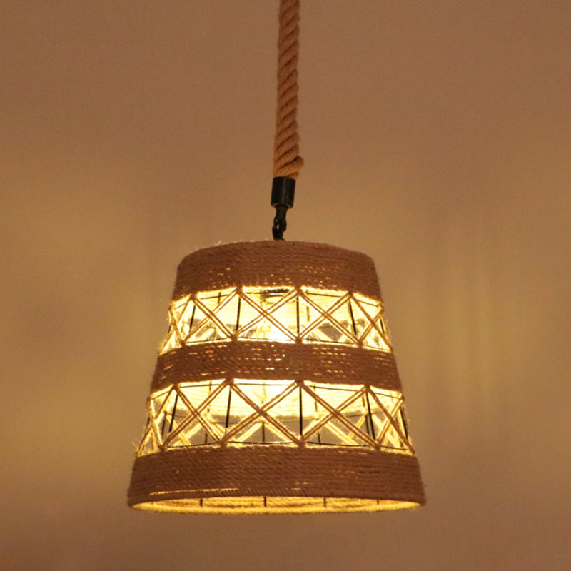 Flaxen Caged Ceiling Light Industrial Hemp Rope Single Restaurant Hanging Pendant Light