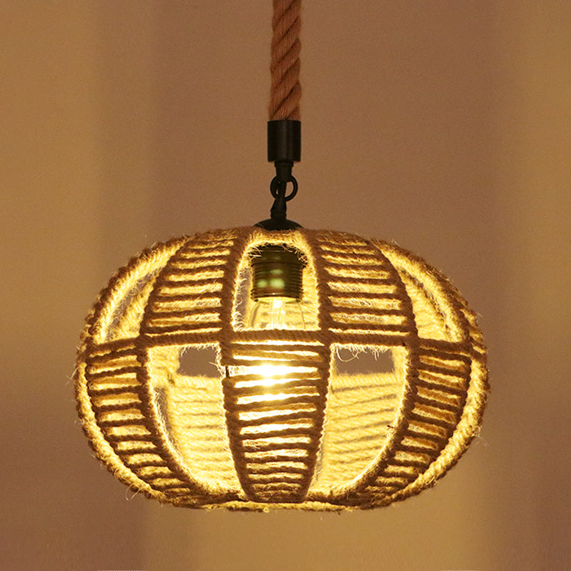 Flaxen Caged Ceiling Light Industrial Hemp Rope Single Restaurant Hanging Pendant Light