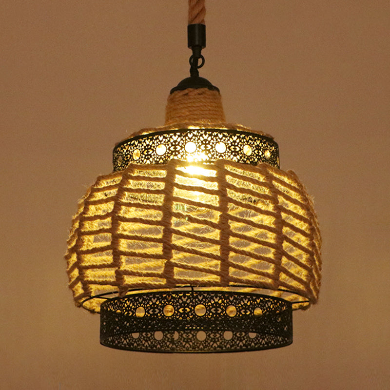 Flaxen Caged Ceiling Light Industrial Hemp Rope Single Restaurant Hanging Pendant Light