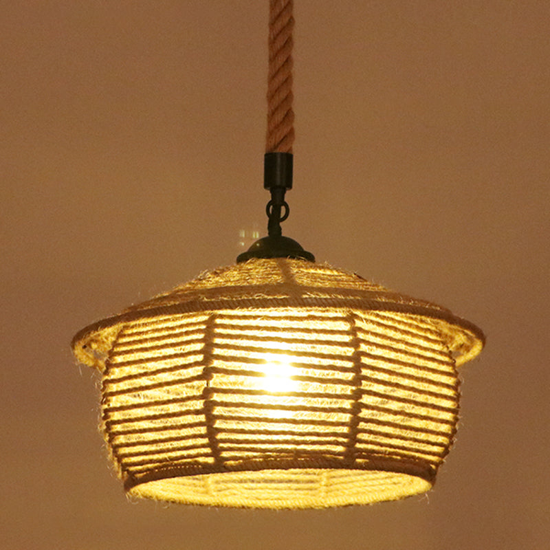 Flaxen Caged Ceiling Light Industrial Hemp Rope Single Restaurant Hanging Pendant Light