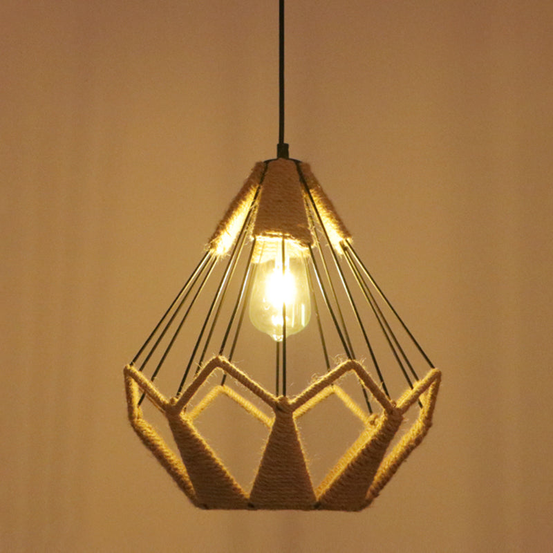 Flaxen Caged Ceiling Light Industrial Hemp Rope Single Restaurant Hanging Pendant Light