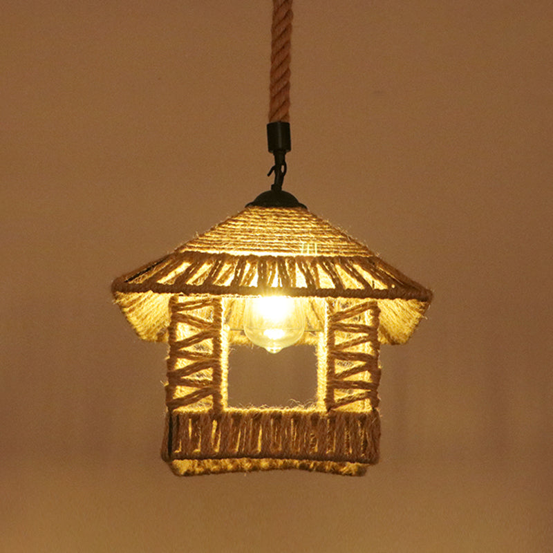 Flaxen Caged Ceiling Light Industrial Hemp Rope Single Restaurant Hanging Pendant Light