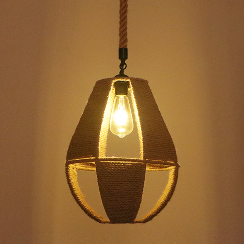 Flaxen Caged Ceiling Light Industrial Hemp Rope Single Restaurant Hanging Pendant Light