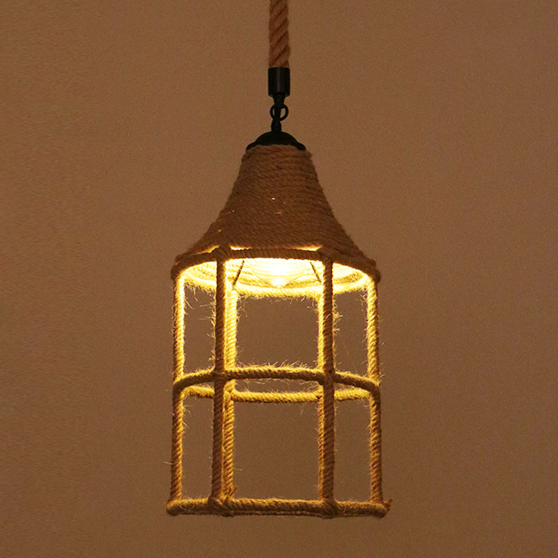 Flaxen Caged Ceiling Light Industrial Hemp Rope Single Restaurant Hanging Pendant Light