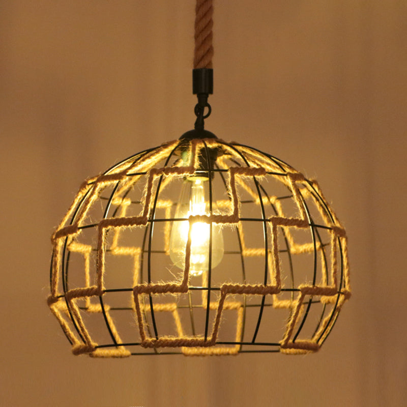 Flaxen Caged Ceiling Light Industrial Hemp Rope Single Restaurant Hanging Pendant Light