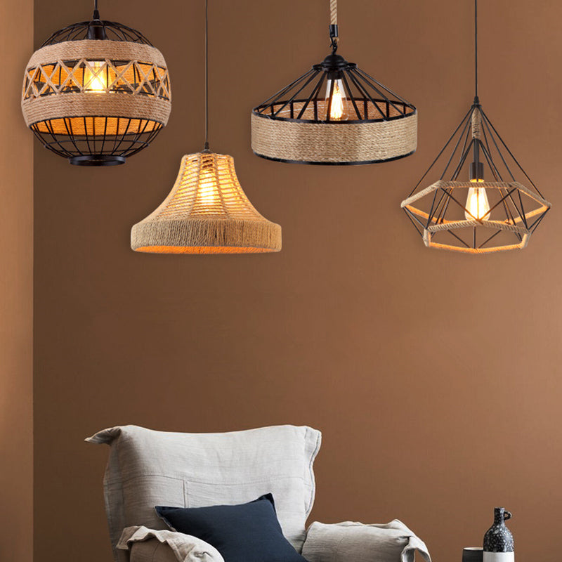 Vlaxen Single-Bulb Hanging Lamp Industrial Style Hemp Rope Caged Lighting Pendant