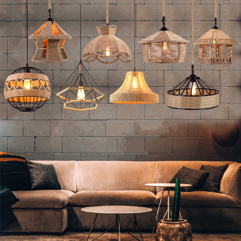 Flaxen Single-Bulb Hanging Lamp Industrial Style Hemp Rope Caged Lighting Pendant